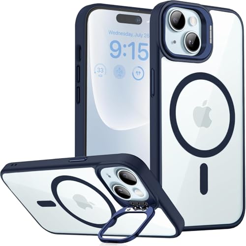 Image of VONZEE Clear Camera Kickstand Case for iPhone 15 Plus, Built-in Adjustable Camera Stand, Clear Magnetic Mag-Safe Shockproof Classic Series Phone Cover (Blue)