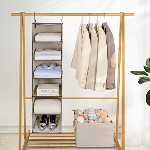 Topia Home 6-Shelf Hanging Closet Organizers And Storage, Foldable Hanging Closet Shelves With 4 Mesh Pockets, Wardrobe Clothes Organizer With 2 Sturdy Hooks, Upgraded Fabric, Gray/Brown, Tp06C #TOP2