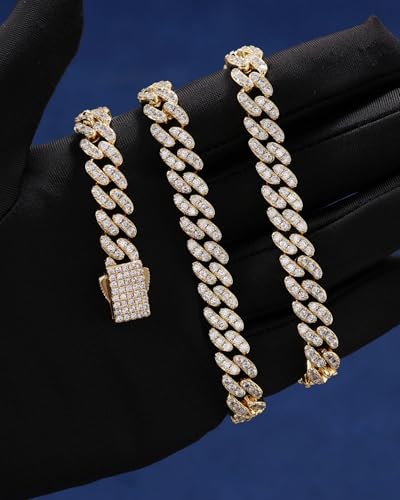 Image of Iced Classic Spring Clasps 9mm Cuban Link Chain Necklace /Bracelet, Everlasting Shine 14k Gold /Silver Plated Diamond Choker, Prong-Setting 5A Cubic Zirconia Hip Hop Jewelry For Men Women with Gift Box