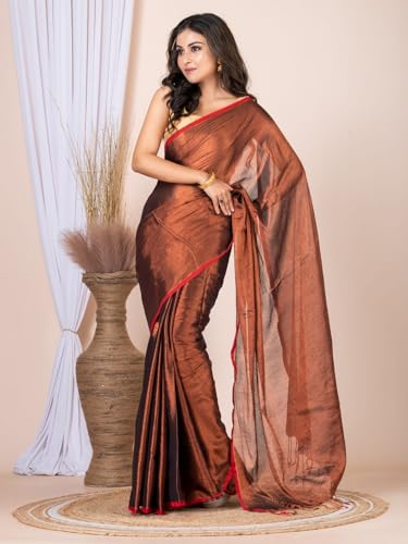 Image of Women's Tissue Cotton Saree | Plain Lightweight Tassel Pallu Saree with Blouse