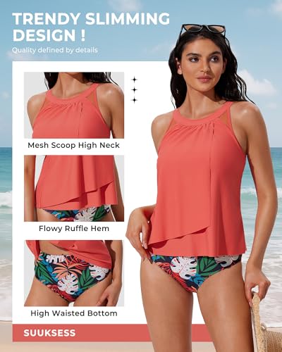Image of SUUKSESS Women Tummy Control Tankini Bathing Suit Ruffle High Waisted Swimsuit