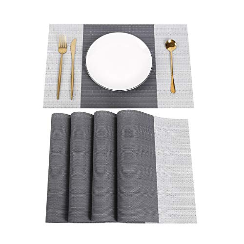 Placemats for Dining Table Set of 4 Heat-Resistant Non-Slip Woven Place Mats for Kitchen Table Mats PVC Table Mats Easy to Clean Vinyl Placemats12 X 18 Inch Grey placemats