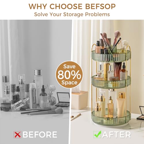 Image of 360 Rotating Makeup Organizer, Upgraded 3 Tier Skincare Perfume Organizers for Women, Bathroom Organizer Countertop, Clear Cosmetic Dresser Organizer with Makeup Brush Holder, Sink&Counter (Green)