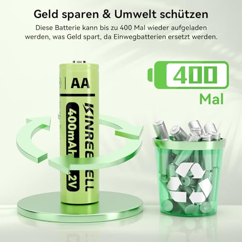 KINREECELL Wiederaufladbare AA-Batterien, NI-MH-Doppel-A-Solarbatterien mit Reale Kapazität, 1.2 V vorgeladen für Solarleuchten, Lichterketten, Solar-Wegeleuchten (AA-400mAh, 12 Stück)
