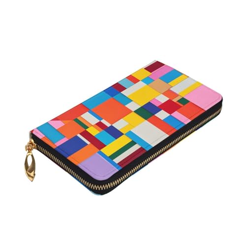 Women's Long Cash Wallet, PU Leather Elegant Clutch Change Purses with Zipper, Travel, Gifts (Colorful Square Print)3