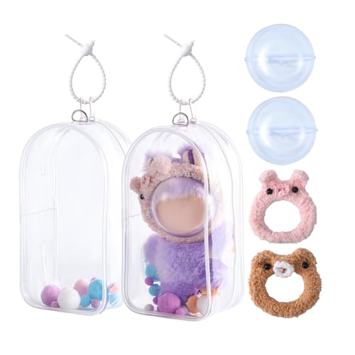 Babeezy 2-Pack Protective Case for Plush Toy with Clear Face Shield & Fuzzy Headband Fits 6-7Inch Designer Plush & Blind-Box Figures, Soft PVC Protective Pouch, Zipper Closure