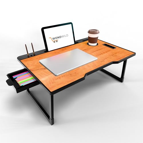 Image of WONDWILD Smart Multipurpose Foldable Laptop Table with Cup Holder, Study Table, Bed Table, Breakfast Table, Foldable and Portable /Ergonomic & Rounded Edges /Non-Slip Legs (ABS Wood)