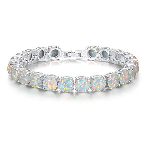Cinily OS402 Rhodium Plated Created White Fire Opal Women Jewelry Gemstone Round Bracelet 8'' cover
