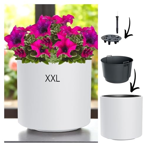 MELTOM Blumentopf mit Einsatz & Bewässerungssystem – Rund & Modern – Frost- & UV-beständig – Kunststoff Pflanzkübel für Innen & Außen – (Weiß, XXL)