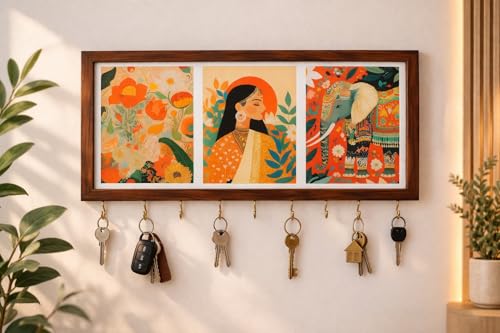 Image of Elephant Metal Key Hanger Without Drill| |Wall-Mounted Key Rack with 7 Hooks | Home Decor Organizer | Stylish Keychain Holder for Home & Office |No Drilling (Indian Art Wooden Key Holder)