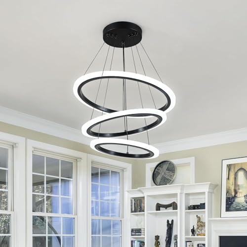 Image of Manraj Modern LED Chandelier, Acrylic 3-Ring Design, Ring Flush Mount Chandelier with Adjustable Hanging Cord Pendant Light Fixture, for Dining Living Room Bedroom (Black)