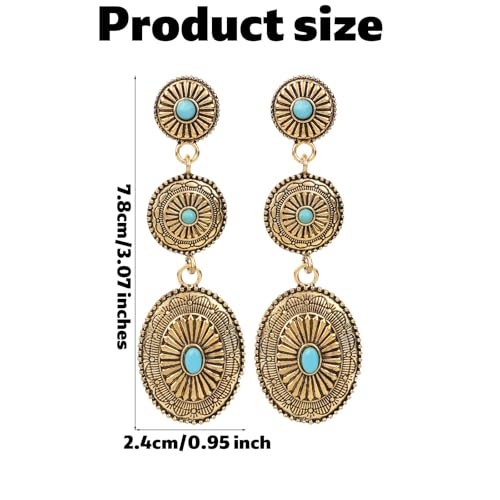 Western Earrings for Women, Oval Synthetic Turquoise Dangle Earrings Vintage Country Concert Concho Dangling Earring Nashville Cowboy Rodeo Outfit Dress Jewelry Gifts Accessories for Cowgirls2