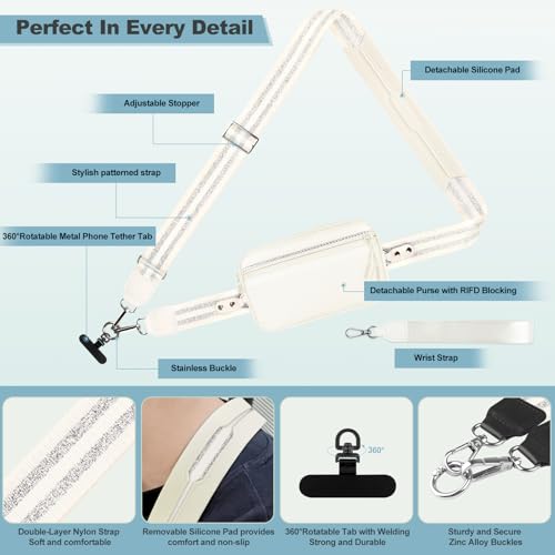 Image of YFWE Clip and Go Strap for Phone with Wallet Crossbody, Adjustable Phone Lanyard with Detachable RFID Wristlet Wallet, Pattern Strap - Cream&Silver (L)