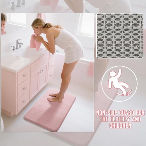 Yimobra Pink Bath Mat, Super Soft Absorbent Memory Foam Bathroom Rug Non Slip, Quick Dry, Machine Washable Floor Carpet for Tub Shower, Home Decor Accessories, 24x17