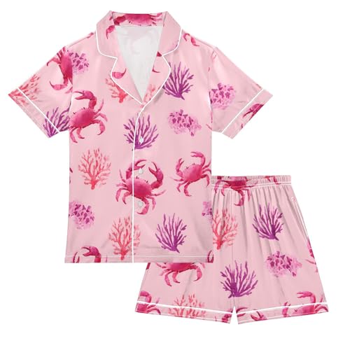 ALAZA Crab Coral Reef Stylish Satin Pajamas Set Short Sleeve Button Down Sleepwear Summer Pjs 2 Piece
