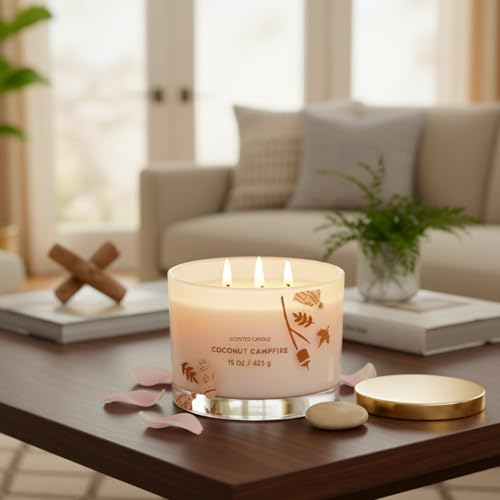 Amazon Brand Solimo-Glass Decal Sentiment Coconut Campfire Candle | 425 gm |12W x 8.5H cm