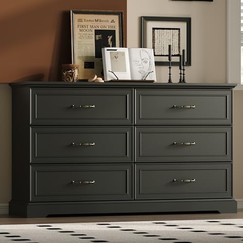 Image of Farmhouse 6 Drawers Dresser for Bedroom, 54" Wide Modern Chest of Drawers with Deep Drawers & Bar Handles, Rustic Wood Dresser TV Stand, Wooden Closet Storage Organizer for Living Room, Hallway, Black