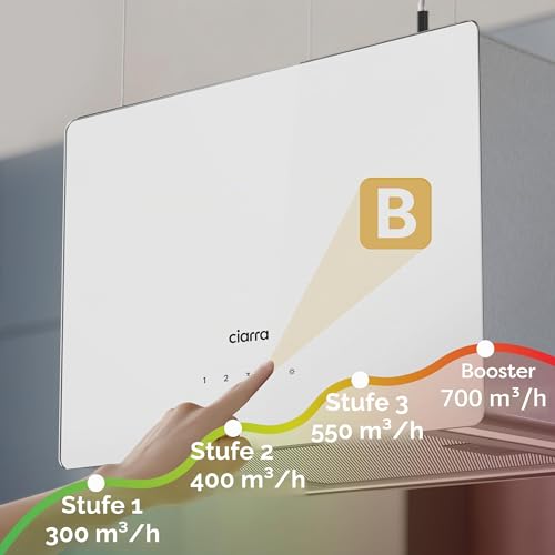 CIARRA CBCS4850 A+++ Inselhaube Umluft Dunstabzugshaube Insel Freihängend 48cm 700m³/h mit Smart App Touch Bedienung 3 Stufen Booster Inselabzugshaube CBCF003 Aktivkohlefilter Edelstahl Weiß Glas