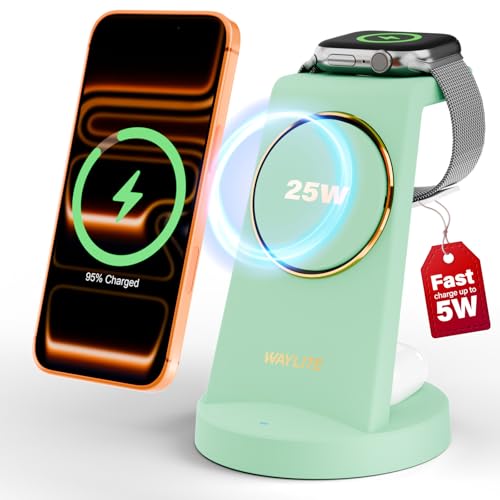 Image of 3 in 1 Fast Charging Station for iPhone, 25W Wireless Magnetic Phone Charger for iPhone 17 16e 16 15 14 13 12 Serise, Watch Charger Stand, Wireless Charging Station for AirPods 4 3 Pro, Green