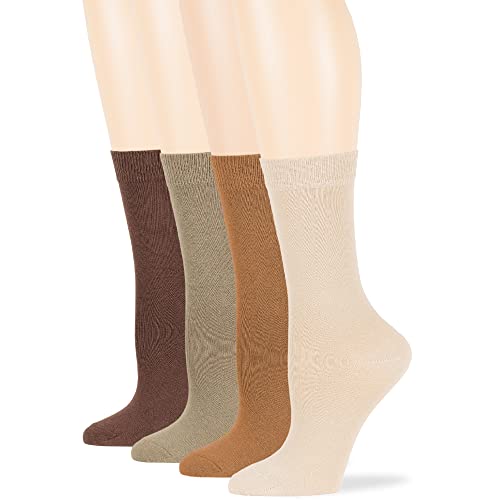 7BIGSTARS KINGDOM Women's Cotton Dress Socks - 4 Pack Medium - Thin Solid Casual Crew, Brown, Khaki, Golden Brown, Light Beige, Sock Size 9-11 Shoe Size 5-9 M (A15)