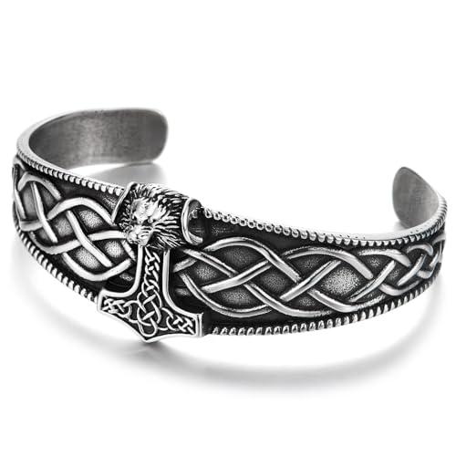 COOLSTEELANDBEYOND Men's Viking Thor's Hammer Cuff Bracelet, Steel Open Bangle, Celtic Knotwork Design, Norse Mythology