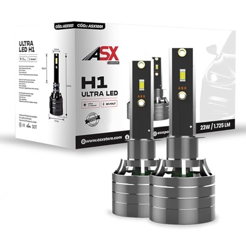 ASX Iluminación Ultra LED Off Road, 23W, 1725 Lúmenes Reales, Lámpara de Faros Delanteros 12-70V. Bombillas LED Luz Blanca 6000K Chip CSP, Conversión Faros Led, IP68, Pack 2 (H1)