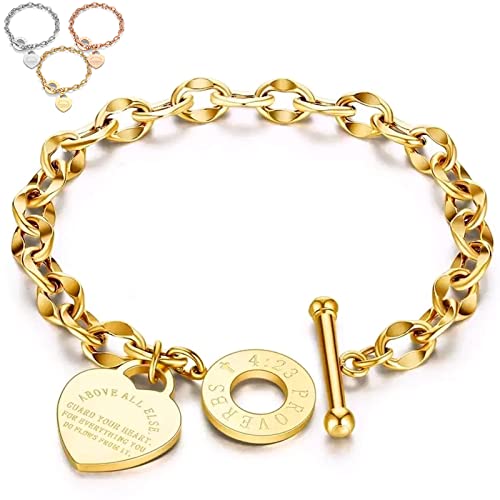 Aretes, Video On Demand Pulseras Mujer, Pulseras De Corazon, Ajustable Pulsera, Titanio Oro Acero Oro Rosa Con CorazóN Colgante Love Bible Bracelet Woman, CorazóN Moda Accesorio...