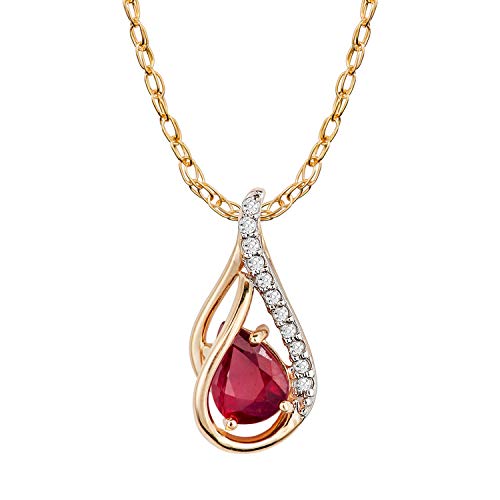10k Yellow Gold Genuine Pear-shape Ruby and Diamond Halo Drop Pendant Necklace