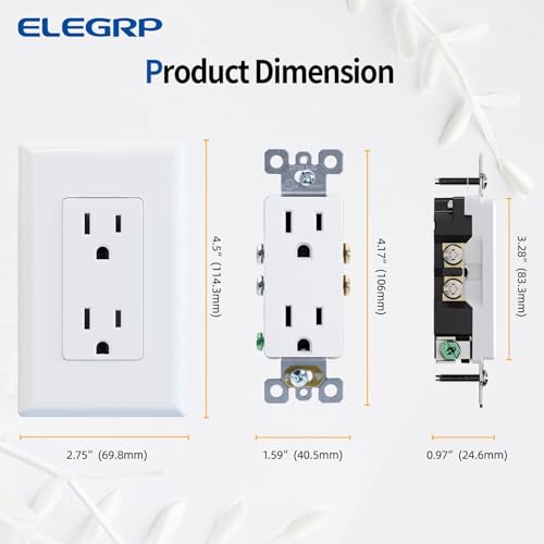 ELEGRP Decorator Receptacle, 15A 125V Standard Electrical Wall Outlet, Non-TR, 2 Pole 3 Wire, Self-Grounding Residential Grade, Screwless Wall Plate Included, UL Listed (10 Pack, Glossy White) by ELEGRP - Image 5