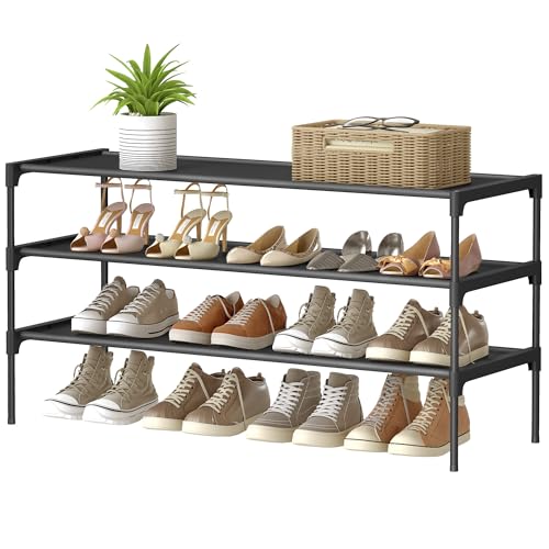 SONGMICS Schuhregal 3 Ebenen, Schuhablage, Schuhaufbewahrung, Eingangsbereich, Flur, platzsparend, 29,7 x 91,8 x 53,5 cm, Metallrahmen, Vliesstoff-Ablage, tintenschwarz LSH033BH01