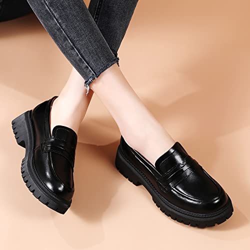 Image of Loafers for Women Black Leather Womens Loafers & Slip-Ons Chunky Penny Platform Classic Loafer Shoes Ladies Work Comfortable Business Casual Dressy Shoes