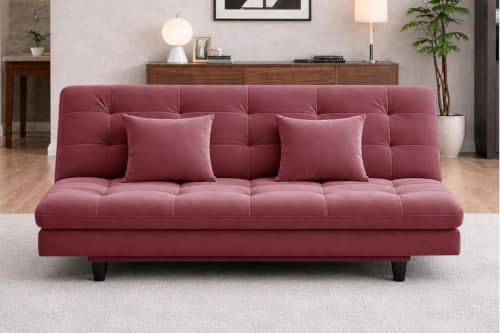 Image of Rosebell Modern Wooden 3-Seater Sofa Cum Bed Foldable Velevt Fabric Sofa for Living Room, Guest Room & Office-Rose Pink-Color