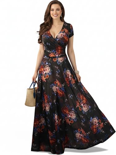 Image of KOH KOH Womens Short Cap Sleeve Summer Floral Print Long Casual Maxi Dress