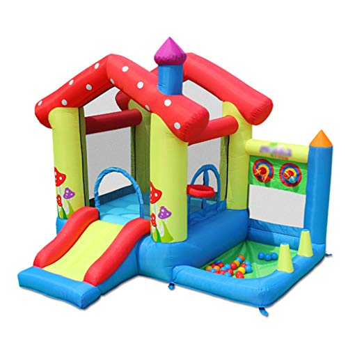 ZHDDM Castillo Hinchable Pequeño e Inflable para Niños con Soporte de Baloncesto, Tobogán, Piscina de Bolas Marinas y Gran Área de Salto (Incluyendo Soplador y Bolsa de Agua)