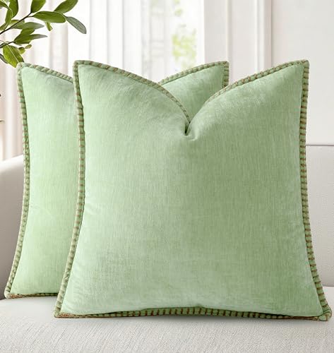 Image of decorUhome Fall Chenille Soft Cozy Throw Pillow Covers 22x22 Set of 2, Modern Farmhouse Boho Velvet Decorative Euro Sham Pillow Cases with Stitched Edge for Couch Sofa Bed Home Decor, Sage Green