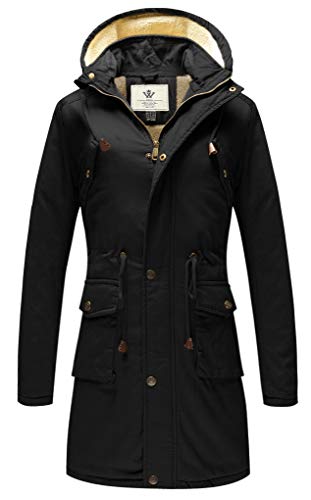WenVen Chaqueta de Algodón a Prueba de Viento Abrigos Cálido Invierno Chaqueta Larga Ajustado Chaqueta Capucha Bolsillos Múltiples Mujer Negro Medium