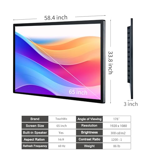 Image of 65 inch Capacitive Multi-Touch Screen Industrial Monitor, 16:9 Display 4K, Built-in Speakers, USB, VGA, DP & HD-MI Ports, Digital Signage Displays and Player for Advertising