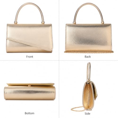 Women’s Gold Evening Clutch Purse with Top Handle, Cross Texture Metallic Formal Handbag for Party, Prom, Evening Bag with Detachable Chain Strap - 4