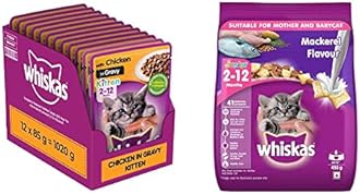 Whiskas Wet Food for Kittens (2-12 Months), Chicken in Gravy Flavour, 12 Pouches (12 x 85g) & Kitten (2-12 Months) Dry Cat Food, Mackerel Flavour, 450g Pack