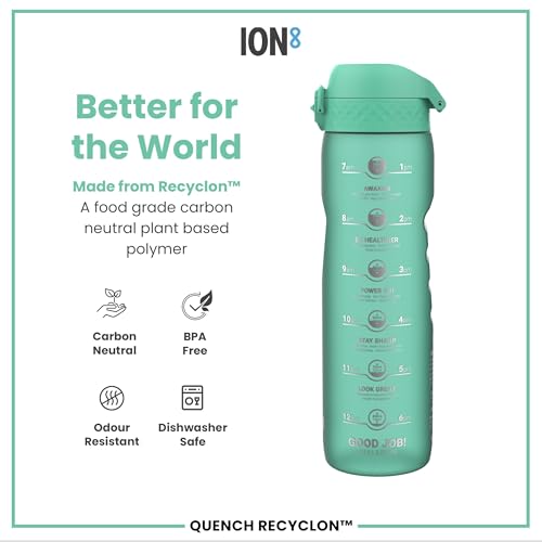 Ion8 Botella de Agua 1 Litro con Indicador de Horarios para Beber, Antiderrame, Tapa Abatible, Asa para Llevar, Apta para Lavavajillas, Libre de BPA, Agarre Contorneado de Toque Suave, Ideal para Gimnasio y Fitness, 32 oz, Teal miniatura 5