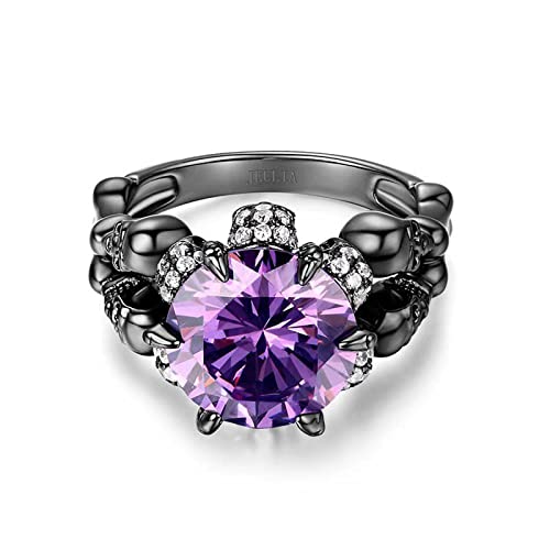 Jeulia Round Cut Silver Skull Ring: Sterling Silver Black Diamond Gothic Ring Band Fashion Anniversary Promise Engagement Wedding Halloween Ring Bride Set for Her with Gift Jewelry Box