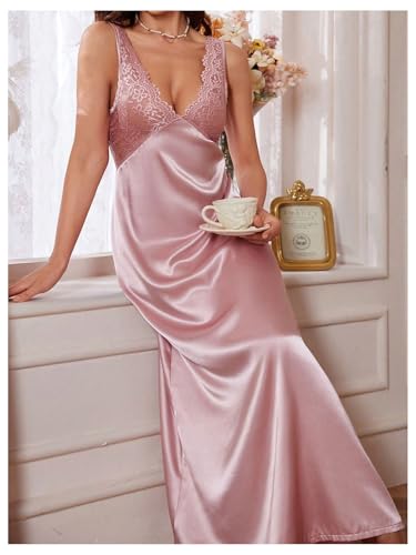 Image of WDIRARA Women's Satin Sleepwear Nightgown | Lace, Backless, Deep V Neck, Sleeveless, Long