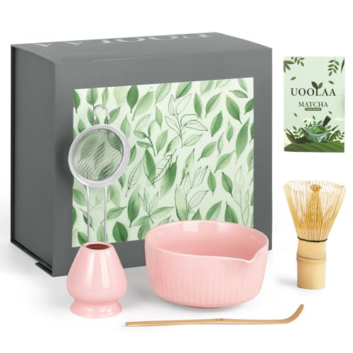 Pink Traditional Matcha Whisk Set, 5 Pcs Japanese Matcha Kit with Chawan Ceramic Bowl with Spout, Chasen Bamboo Whisk and Holder, Scoop, Sifter - Matcha Set Kit Gift for Ceremony Matcha Lattes Lover