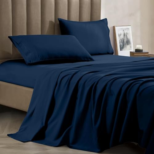 Celine Linen Best, Softest, Coziest Bed Sheets Ever! 1800 Thread Count Egyptian Quality Wrinkle-Resistant 4-Piece Sheet Set with Deep Pockets, Queen Navy Blue