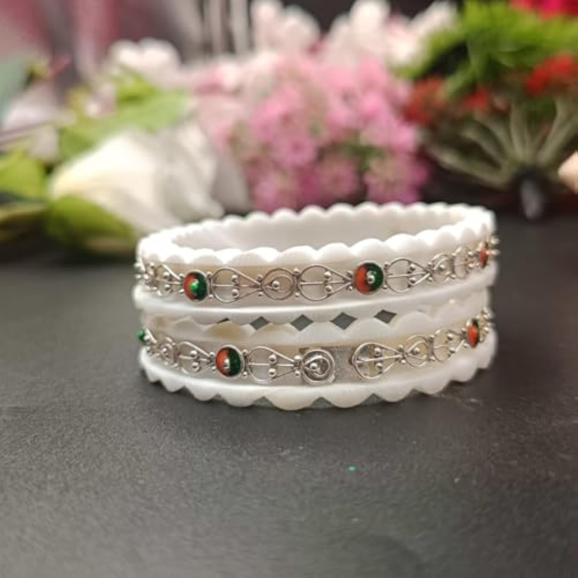 Women's Elegant Silver Work White Bangles with Red & Green, Velvet Box Gift