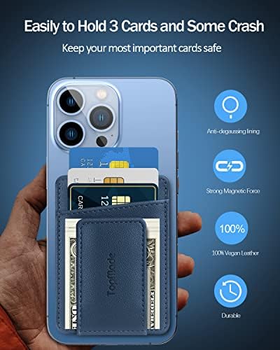 TopMade Compatible with MagSafe Wallet - Genuine Leather Minimalist Magnetic iPhone Wallet, RFID MagSafe Card Holder Sleeve for iPhone 12/ 13/ 14/ Plus/ Pro/ Pro Max, 3 Card Holder - Blue