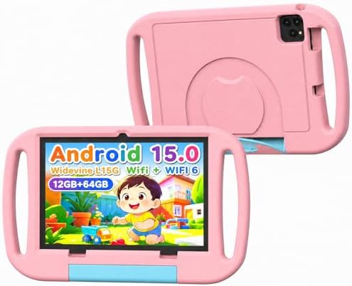 Vyrolinia Kids Tablet,10 inch, Android 15 Tablet for Kid, 12GB RAM, 64GB ROM 1TF Card Expandable for Toddler Children,Tablets with Case, Parental Control, 6000mAh, WiFi, BT5.0, Dual Camera (Pink)