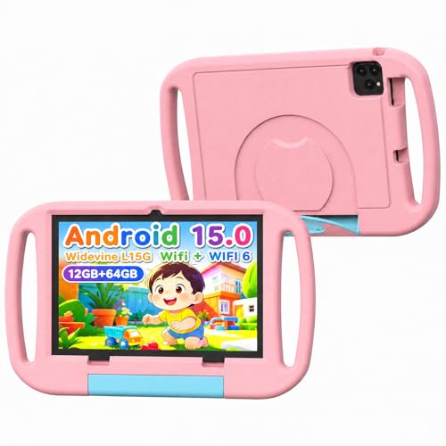 Image of 10 inch Kids Tablet, Android 15 Tablet for Kid, 12GB RAM, 64GB ROM 1TF Card Expandable for Toddler Children,Tablets with Case, Parental Control, 6000mAh, WiFi, BT5.0, Dual Camera (Pink)