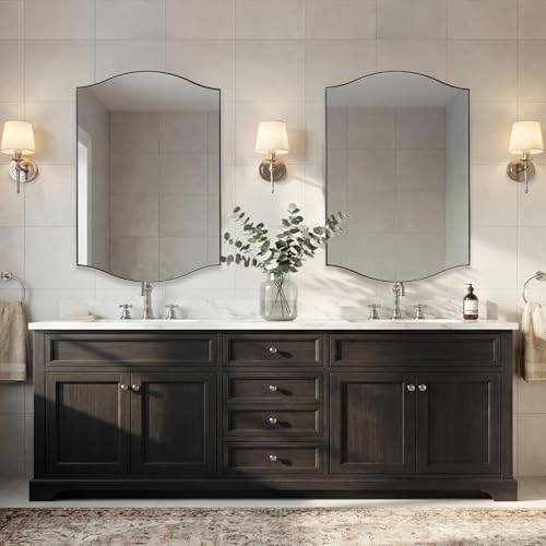 Image of ANDY STAR 26 inchx38 inch Scalloped Mirror for Bathroom，Polished Chrome Rectangle Wall Mirror with Curved Edge Stainless Steel Metal Frame, Wall-Mounted Mirror for Bathroom, Entryway, Living Room