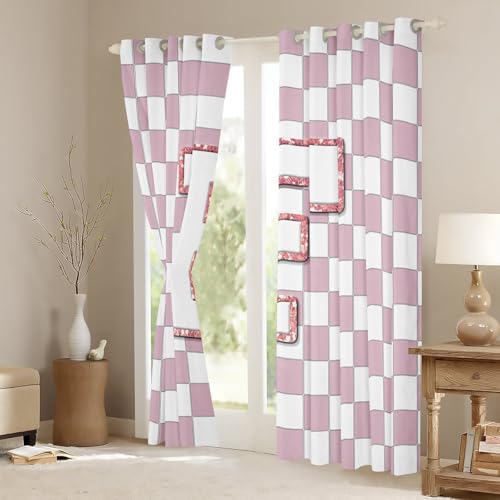 Image of Erosebridal Pink Initial F Window Curtains 42 inch Wx63 L Kawaii Plaid Checkered Blackout Curtains for Kids Girls Bedroom,Cute Personalized Monogram Window Treatments Grids Gingham Drapes Decor 2 Panels